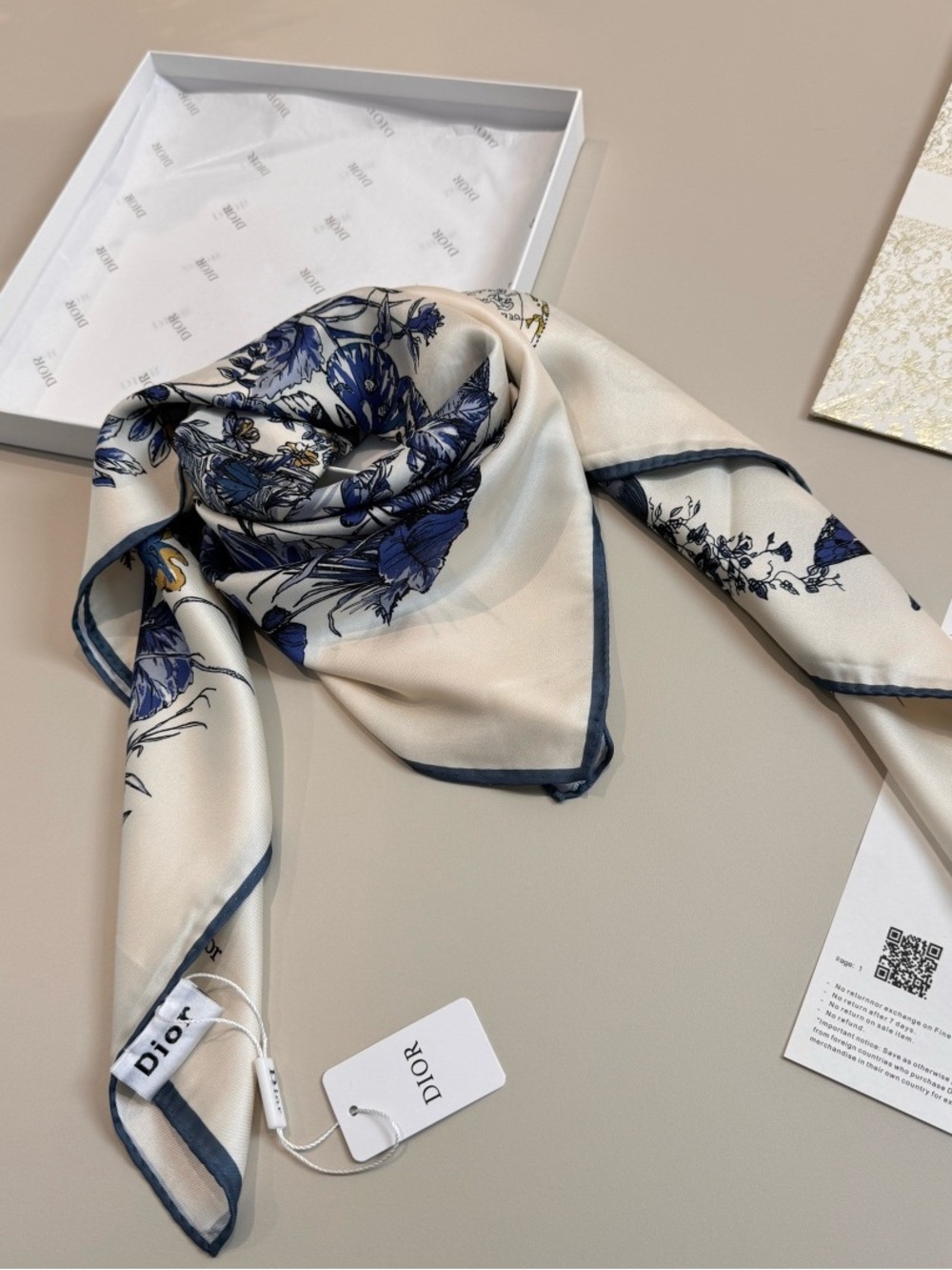 Dior Cream and Navy Floral Silk Scarf